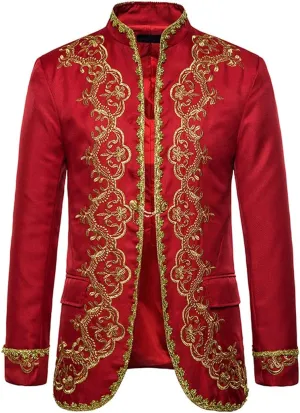 Mens White Embroidery Suit Jacket Slim Fit Stand Collar Baroque Blazer