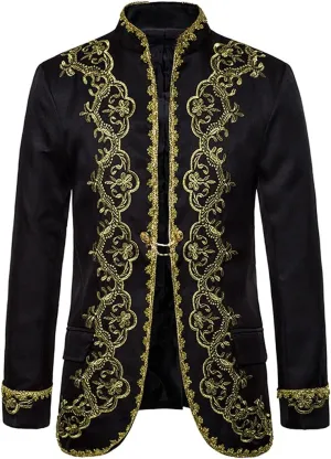 Mens White Embroidery Suit Jacket Slim Fit Stand Collar Baroque Blazer