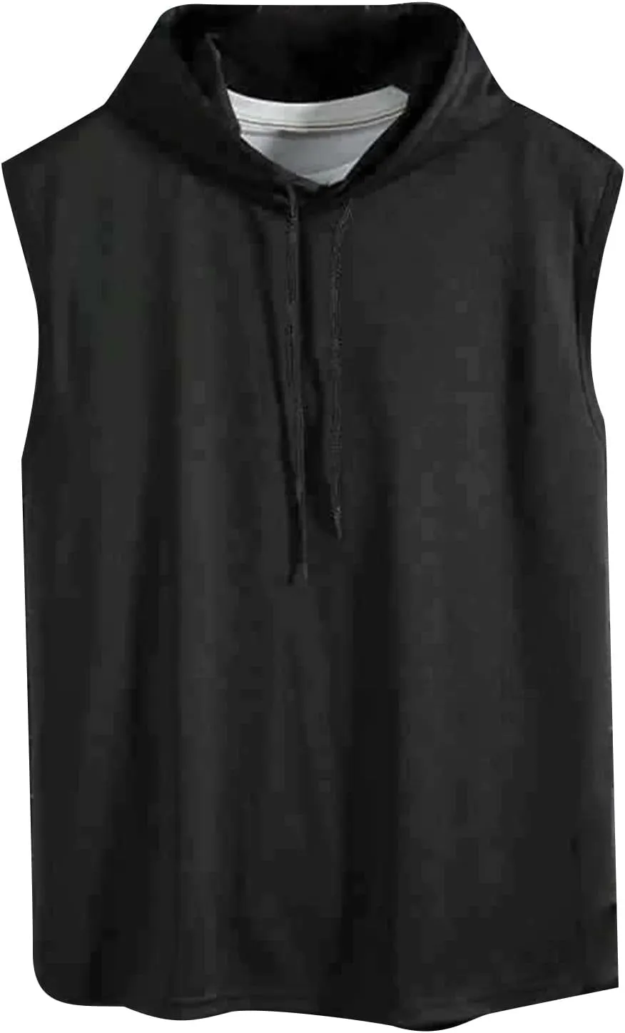 Men's Workout Hooded Tank Tops Summer Quick Dry Sleeveless Muscle Cut Off Shirts Bodybuilding Gym Athletic Vests Tee