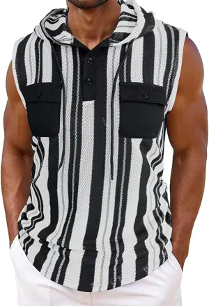 Mens Workout Hoodies Tank Tops Casual Athletic Striped Gym Bodybuilding Muscle Cut Off Shirts Sport Active Tee Tops