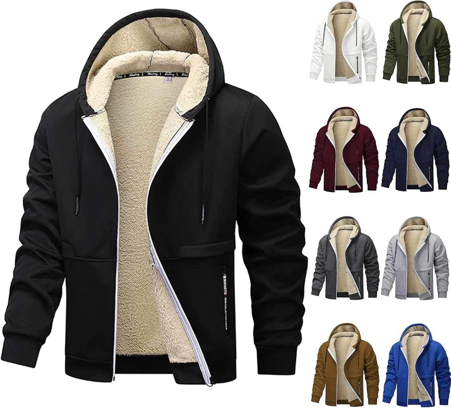 Men's Zip Up Hoodies Zip Up Fuzzy Sherpa Lined Jacket Drawstring Hooded Sweatshirts Winter Thick Thermal Fleece Coats