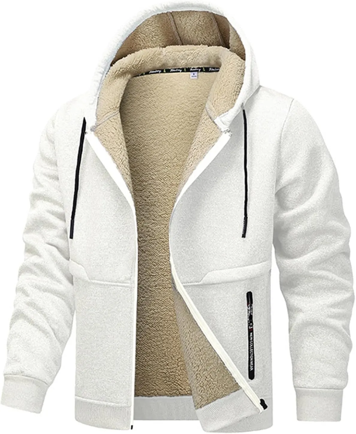 Men's Zip Up Hoodies Zip Up Fuzzy Sherpa Lined Jacket Drawstring Hooded Sweatshirts Winter Thick Thermal Fleece Coats