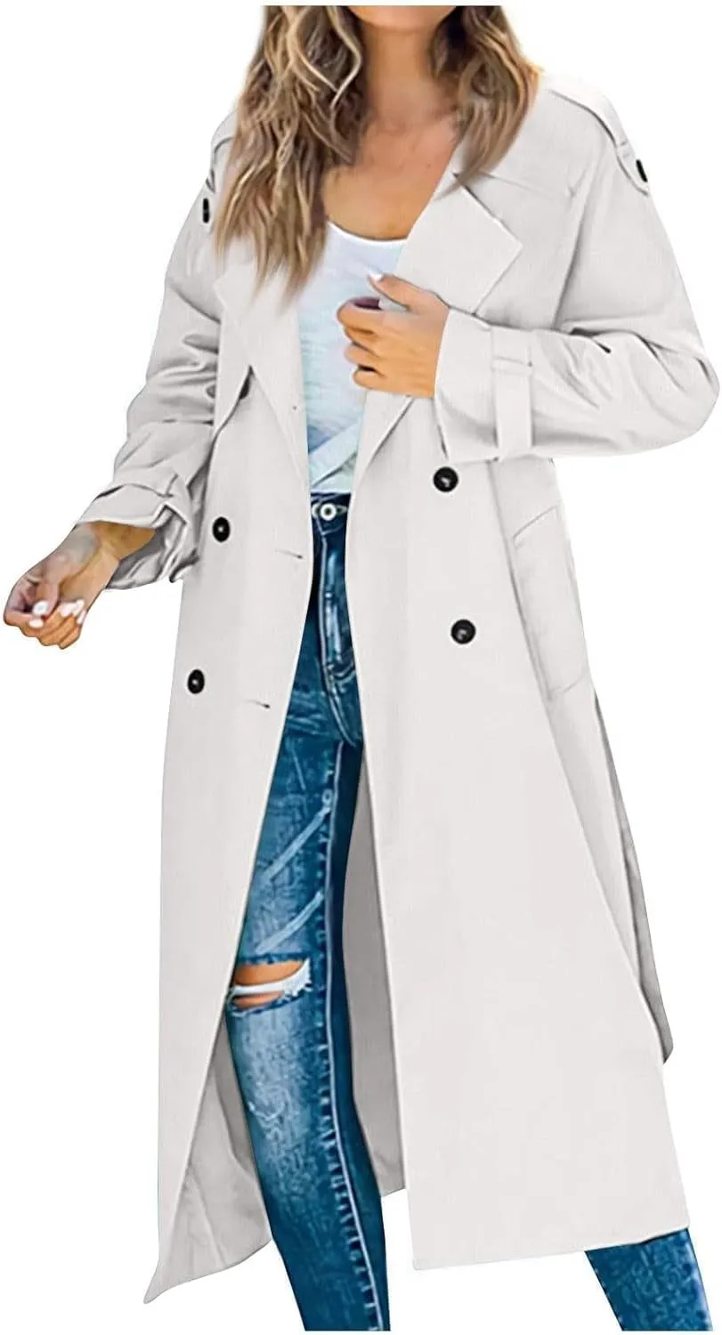 NBXNZWF Women's Trench Coat Double Breasted Classic Lapel Dressy Overcoat with Belt Waterproof Windbreaker Long Outerwear