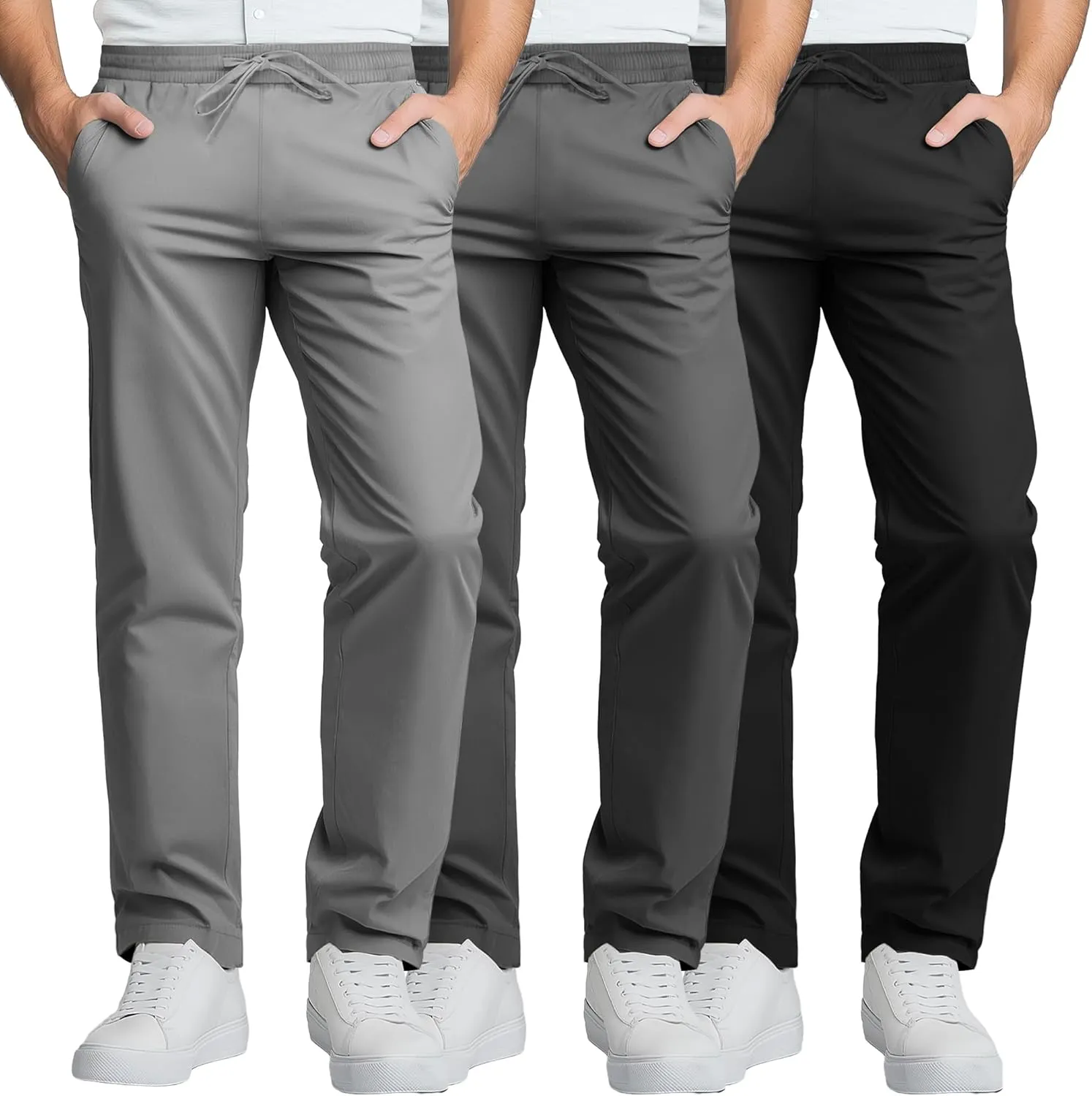 Neer 3 Pack Men's Casual Chino Pants, Summer Lounge Elastic Waist Drawstring Straight Leg Outdoor Pants Trousers with Pockets