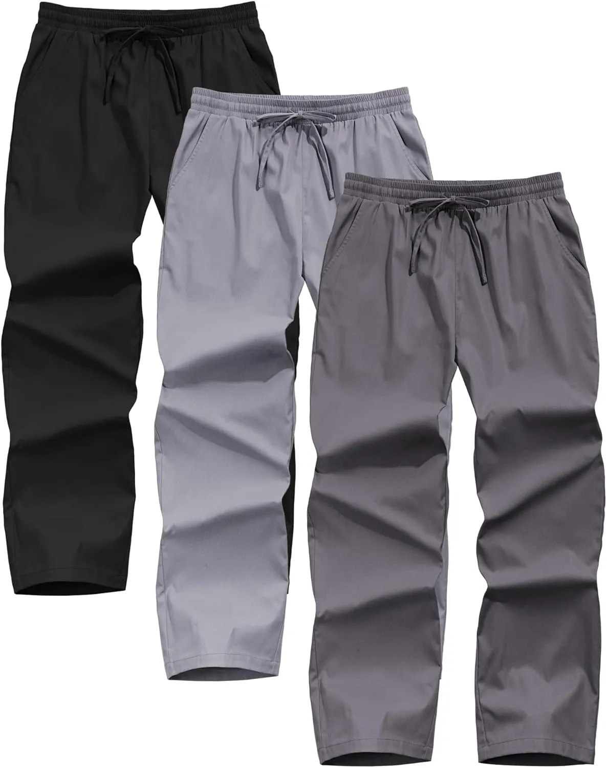 Neer 3 Pack Men's Casual Chino Pants, Summer Lounge Elastic Waist Drawstring Straight Leg Outdoor Pants Trousers with Pockets
