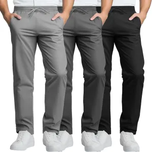 Neer 3 Pack Men's Casual Chino Pants, Summer Lounge Elastic Waist Drawstring Straight Leg Outdoor Pants Trousers with Pockets