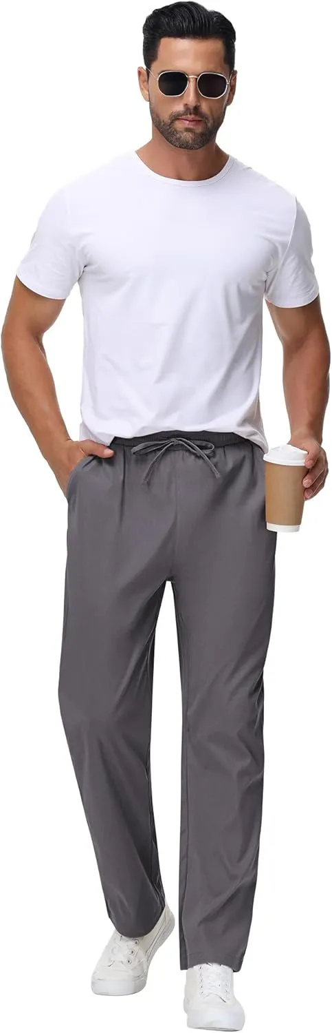 Neer 3 Pack Men's Casual Chino Pants, Summer Lounge Elastic Waist Drawstring Straight Leg Outdoor Pants Trousers with Pockets