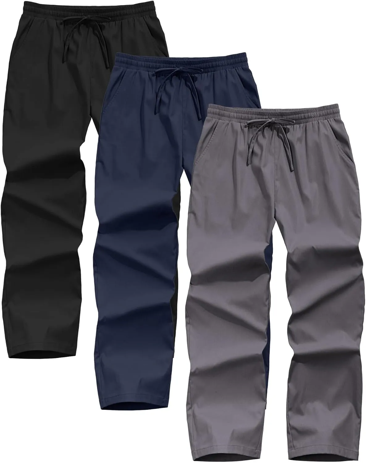 Neer 3 Pack Men's Casual Chino Pants, Summer Lounge Elastic Waist Drawstring Straight Leg Outdoor Pants Trousers with Pockets