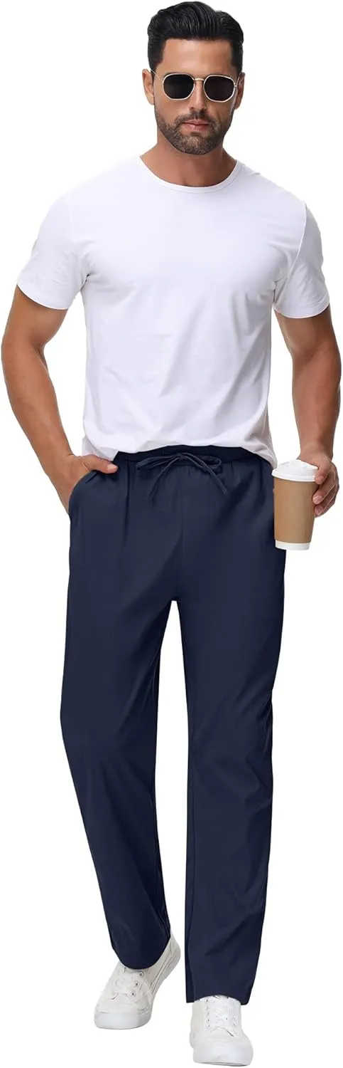 Neer 3 Pack Men's Casual Chino Pants, Summer Lounge Elastic Waist Drawstring Straight Leg Outdoor Pants Trousers with Pockets
