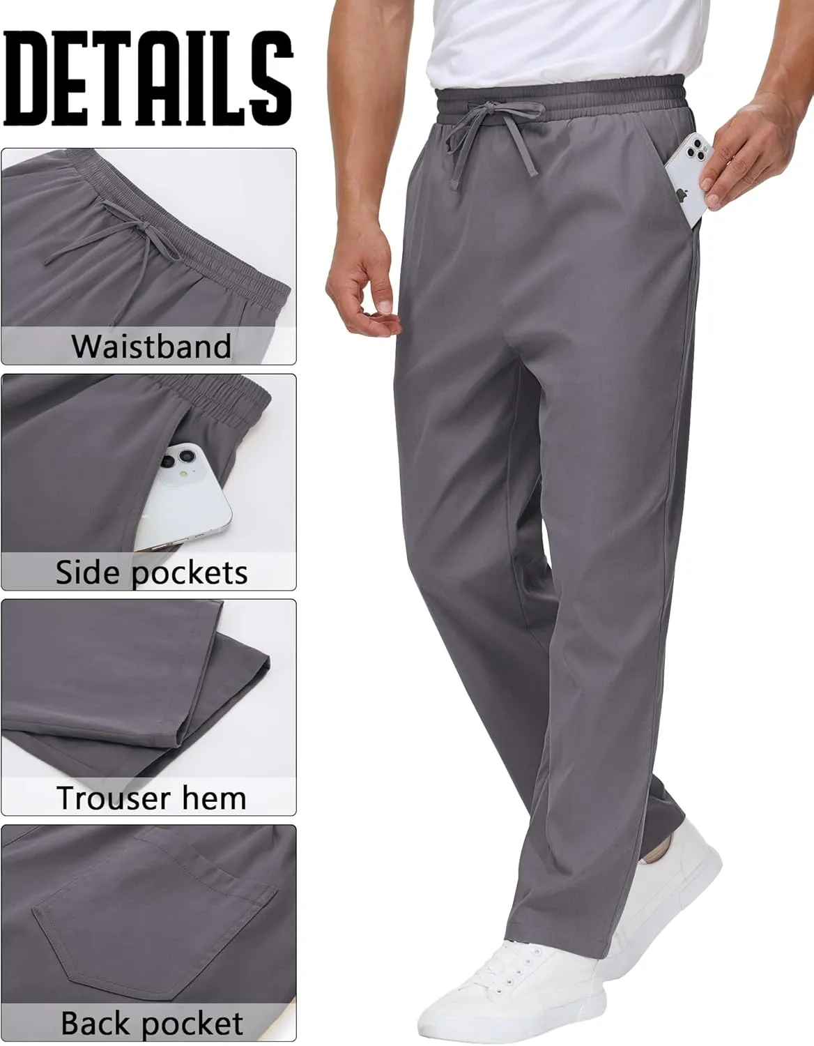 Neer 3 Pack Men's Casual Chino Pants, Summer Lounge Elastic Waist Drawstring Straight Leg Outdoor Pants Trousers with Pockets