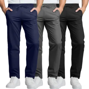 Neer 3 Pack Men's Casual Chino Pants, Summer Lounge Elastic Waist Drawstring Straight Leg Outdoor Pants Trousers with Pockets