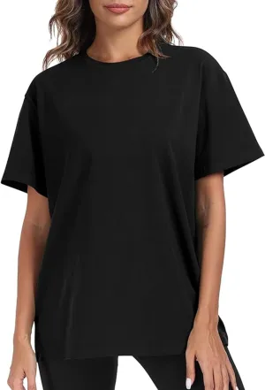 Oversized Cotton Short Sleeve Plain T-Shirt Crewneck Loose Workout Solid Summer Basic Tee Top
