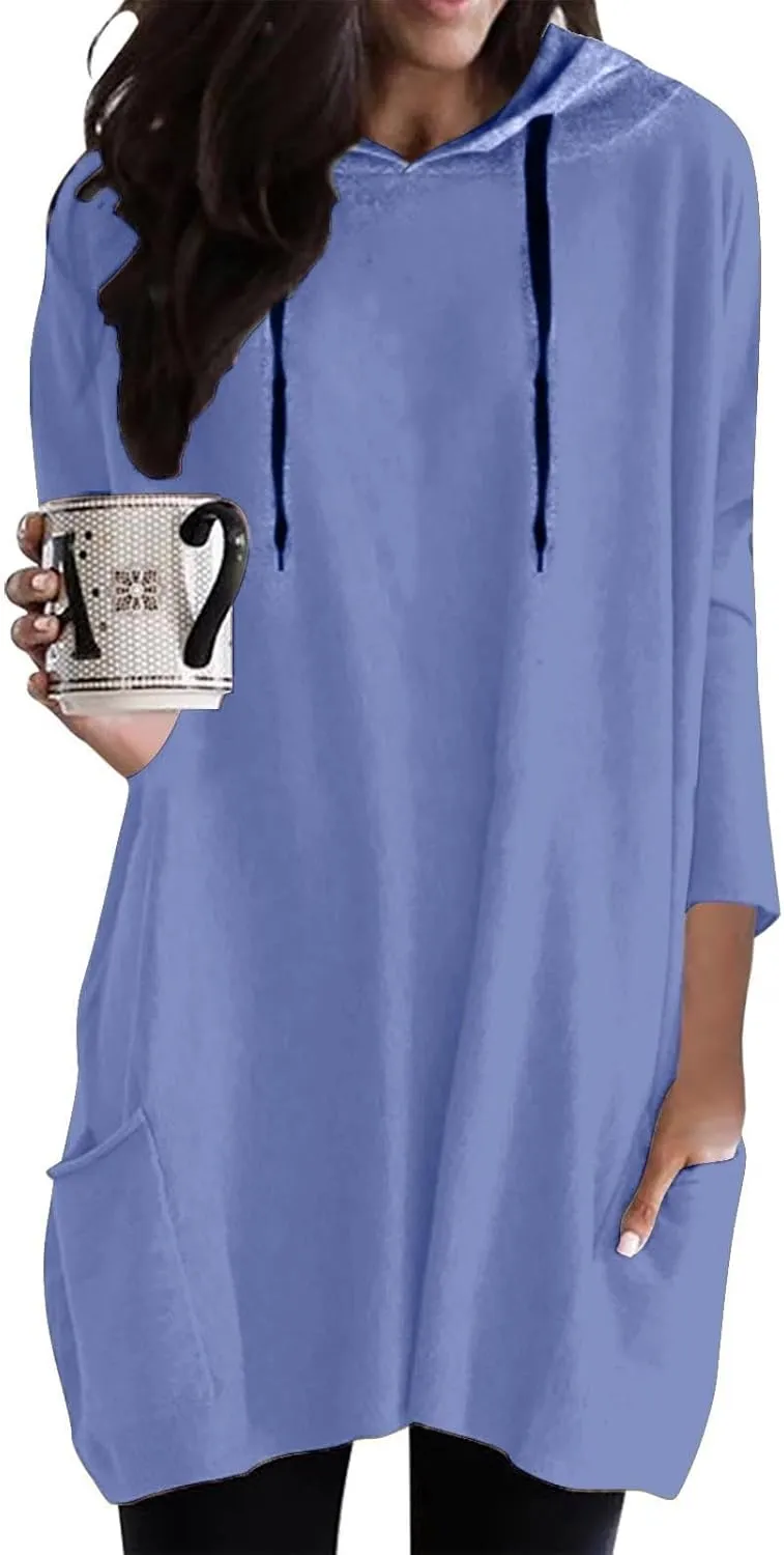 Oversized Hoodie Dress for Women Casual Drawstring Long Sweatshirt with Pocket Hooded Mini Sweatshirt Dress