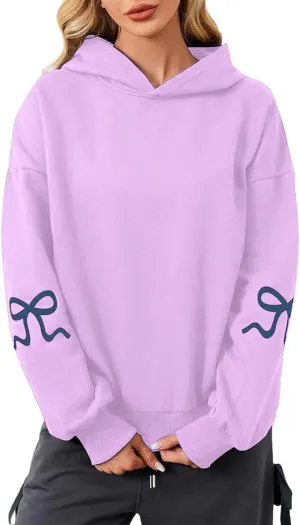 Oversized Hoodie for Women Bow Graphic Printed Hoodies Coquettish Drop Shoulder Hooded Sweatshirts with Pocket
