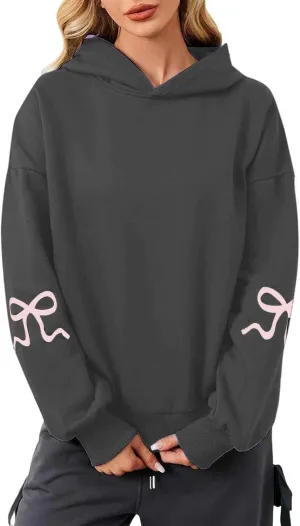 Oversized Hoodie for Women Bow Graphic Printed Hoodies Coquettish Drop Shoulder Hooded Sweatshirts with Pocket