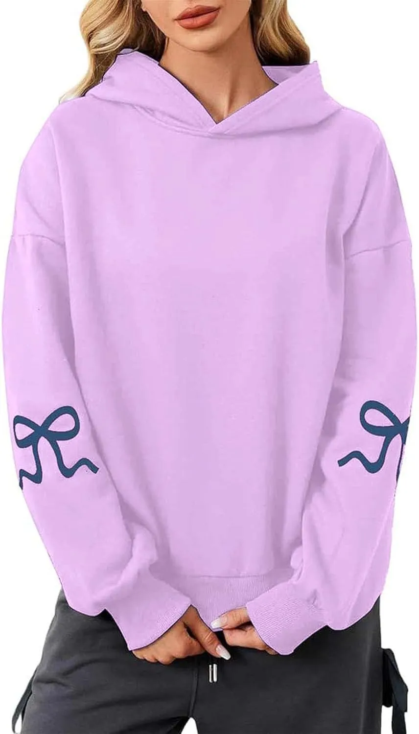 Oversized Hoodie for Women Bow Graphic Printed Hoodies Coquettish Drop Shoulder Hooded Sweatshirts with Pocket