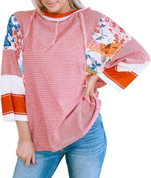 Oversized Tshirts for Women 3/4 Length Sleeve Color Block Striped T Shirts Crewneck Summer Patchwork Casual Tees Tops