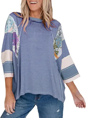 Oversized Tshirts for Women 3/4 Length Sleeve Color Block Striped T Shirts Crewneck Summer Patchwork Casual Tees Tops