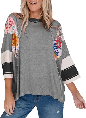 Oversized Tshirts for Women 3/4 Length Sleeve Color Block Striped T Shirts Crewneck Summer Patchwork Casual Tees Tops