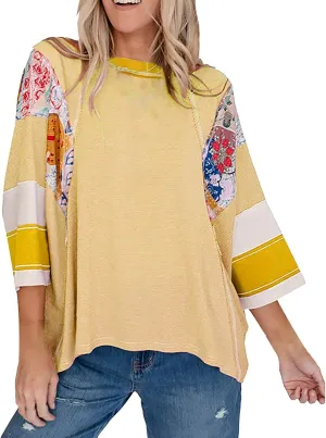 Oversized Tshirts for Women 3/4 Length Sleeve Color Block Striped T Shirts Crewneck Summer Patchwork Casual Tees Tops