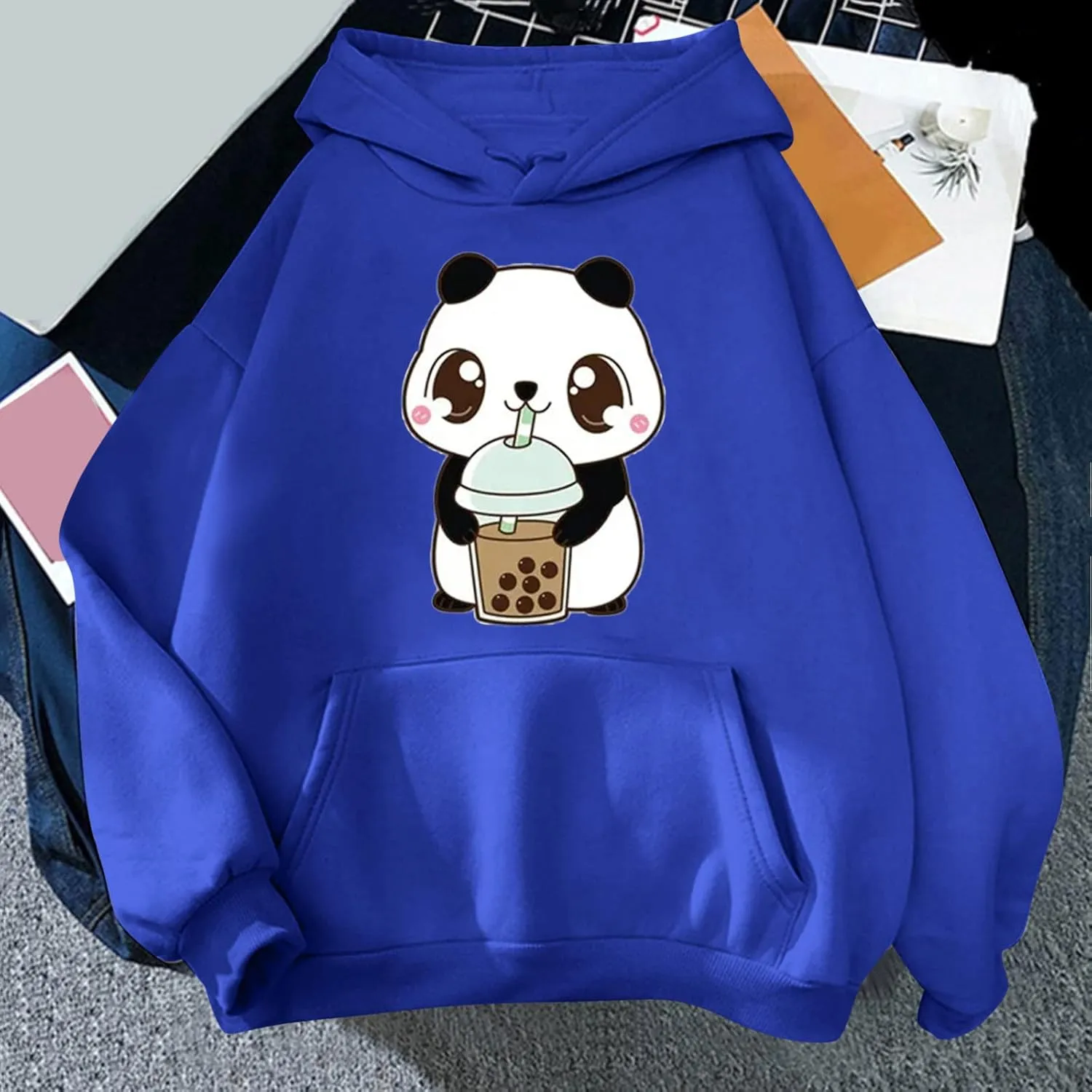 Panda Printed Hoodies for Women Teen Girls Soft Casual Long Sleeve Hooded Sweatshirts Oversized Drawstring Cute Pullover Tops