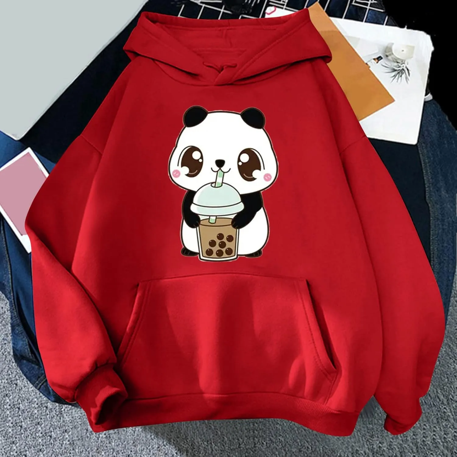 Panda Printed Hoodies for Women Teen Girls Soft Casual Long Sleeve Hooded Sweatshirts Oversized Drawstring Cute Pullover Tops