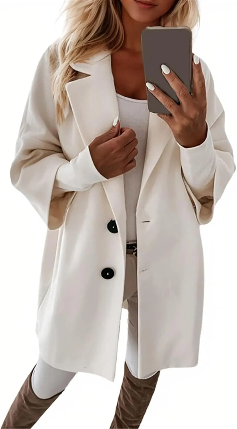 Pea Coats for Women Trendy Lapel Button 3/4 Sleeve Coats Winter Double Breasted Wool Coats with Pockets