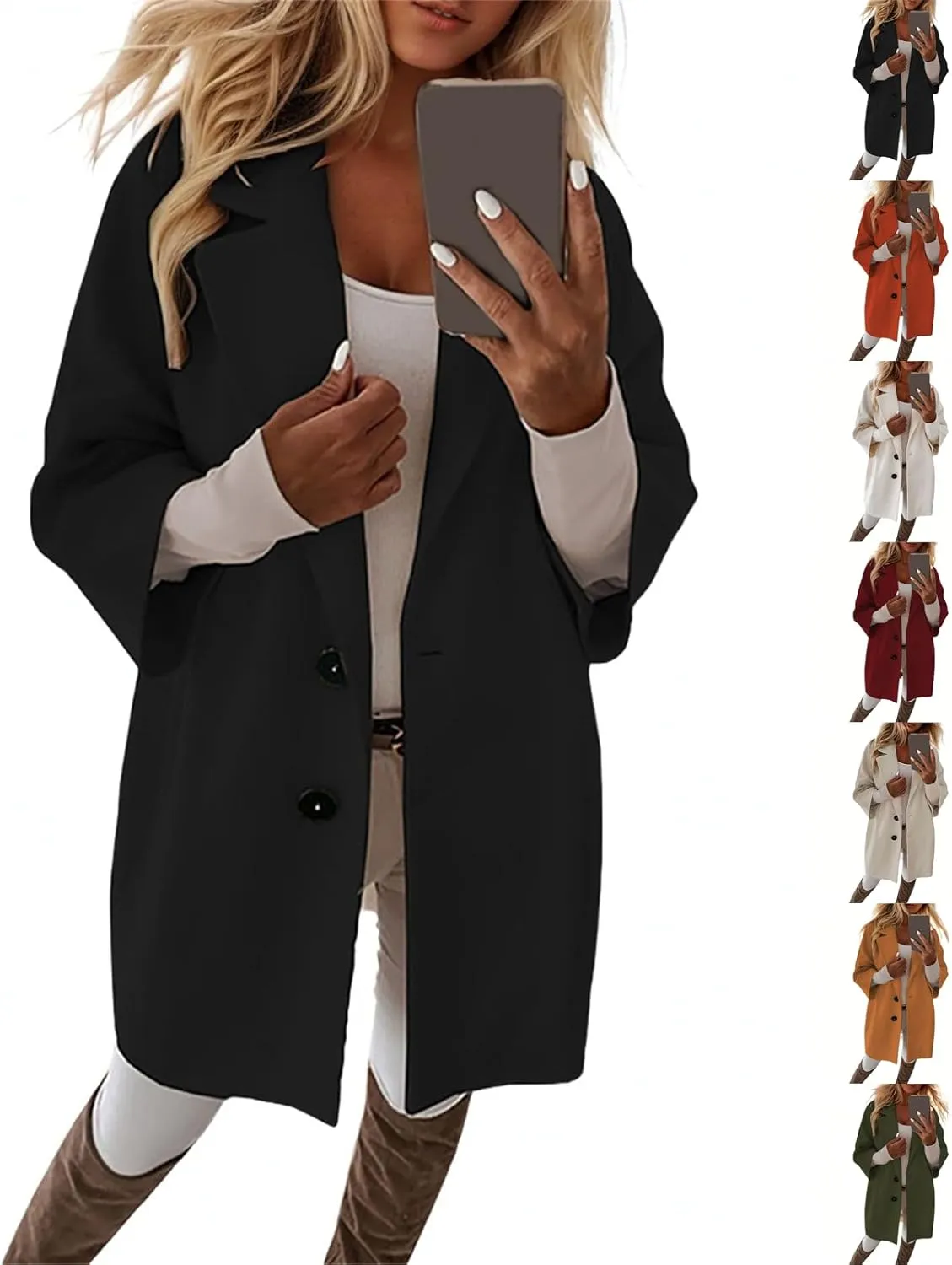 Pea Coats for Women Trendy Lapel Button 3/4 Sleeve Coats Winter Double Breasted Wool Coats with Pockets