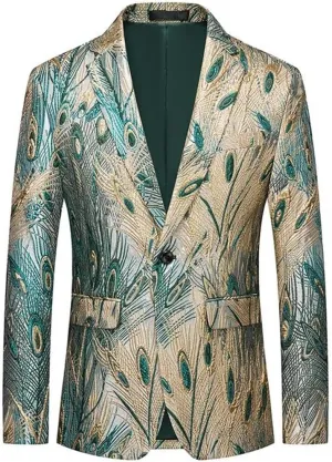Peacock Feathers Blazers for Men Slim Fit Print Dress Jacket