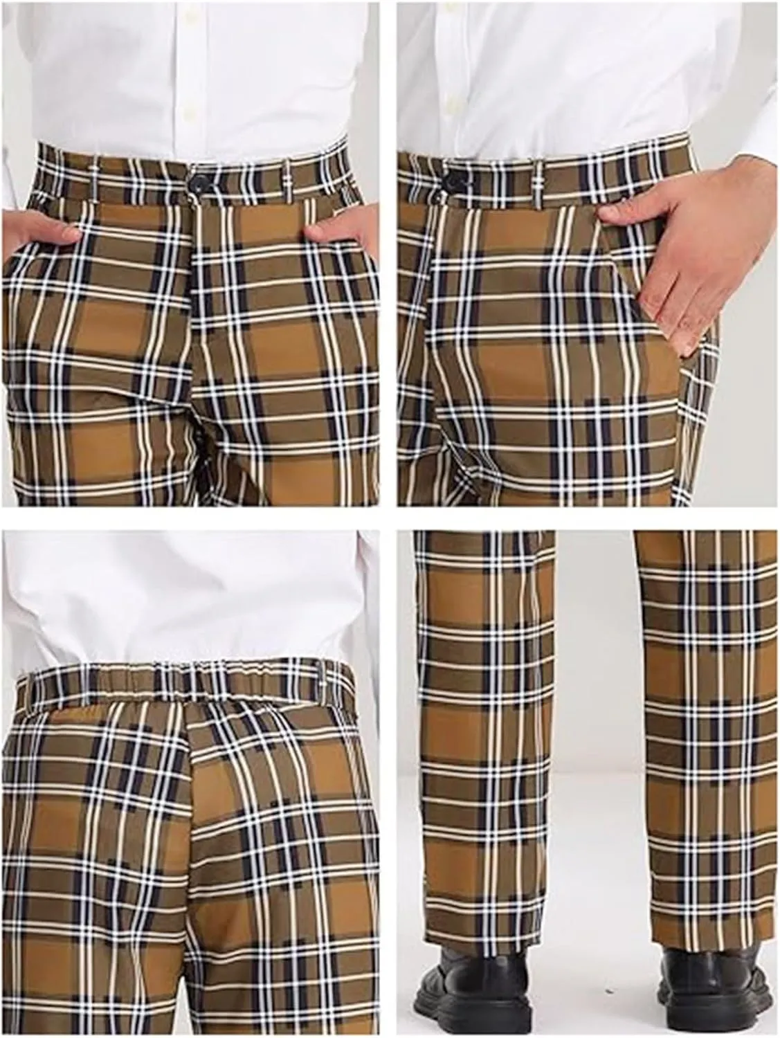 Plaid Pants for Men Straight Leg Checked Pattern Business Golf Chinos Pants Trousers Slim Fit Pants Expandable Waist