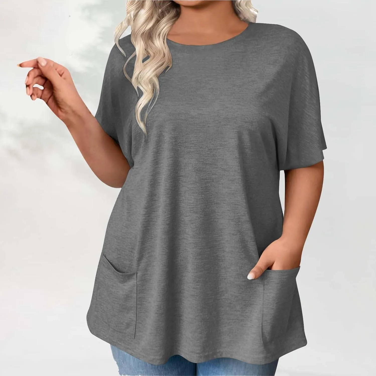 Plus Size Plain Tunic Tops for Women Summer Short Sleeve Crewneck Oversized T Shirt Fashion Comfy Casual Blouse with Pockets