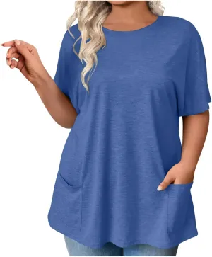 Plus Size Plain Tunic Tops for Women Summer Short Sleeve Crewneck Oversized T Shirt Fashion Comfy Casual Blouse with Pockets