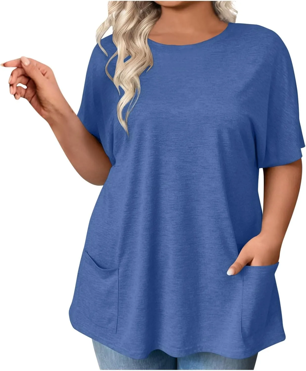 Plus Size Plain Tunic Tops for Women Summer Short Sleeve Crewneck Oversized T Shirt Fashion Comfy Casual Blouse with Pockets