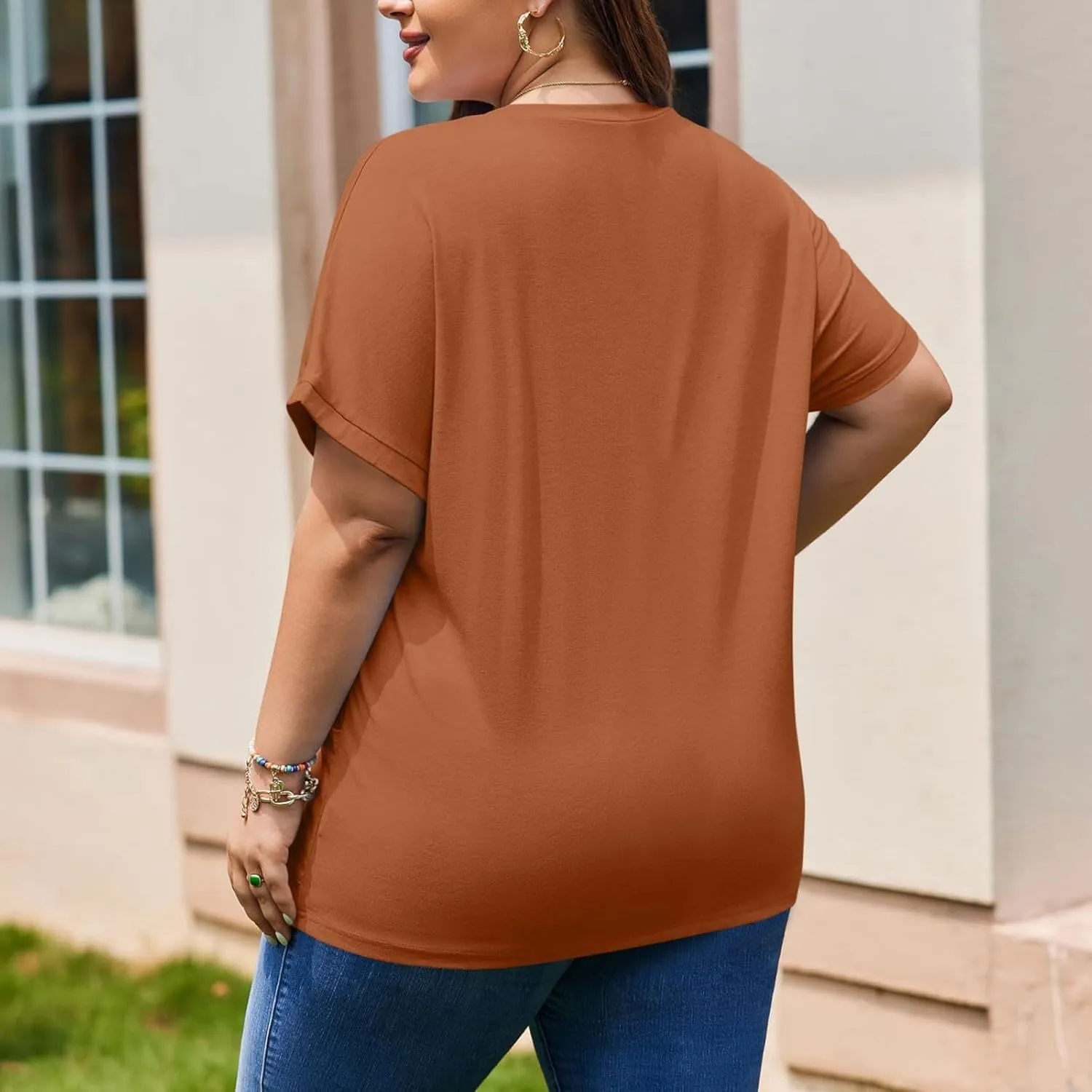 Plus Size Plain Tunic Tops for Women Summer Short Sleeve Crewneck Oversized T Shirt Fashion Comfy Casual Blouse with Pockets