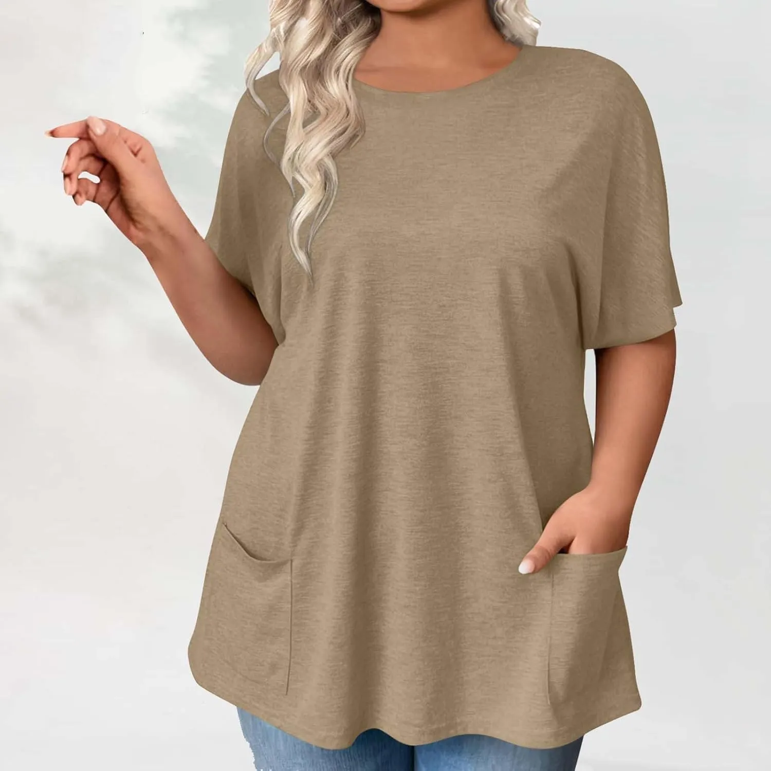 Plus Size Plain Tunic Tops for Women Summer Short Sleeve Crewneck Oversized T Shirt Fashion Comfy Casual Blouse with Pockets