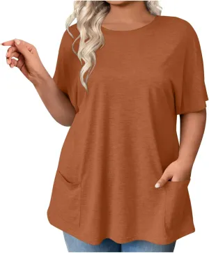 Plus Size Plain Tunic Tops for Women Summer Short Sleeve Crewneck Oversized T Shirt Fashion Comfy Casual Blouse with Pockets