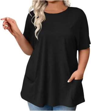 Plus Size Plain Tunic Tops for Women Summer Short Sleeve Crewneck Oversized T Shirt Fashion Comfy Casual Blouse with Pockets