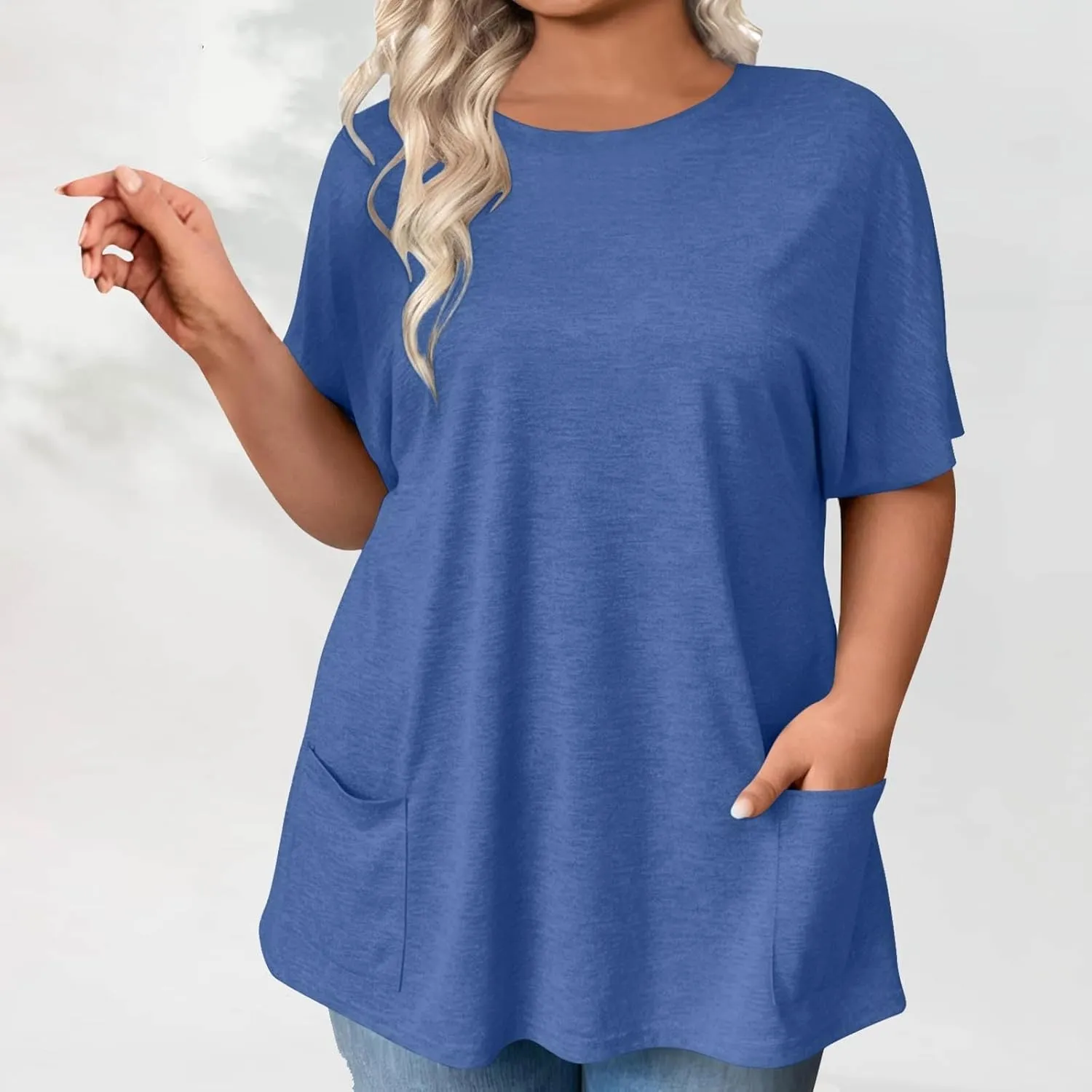 Plus Size Plain Tunic Tops for Women Summer Short Sleeve Crewneck Oversized T Shirt Fashion Comfy Casual Blouse with Pockets