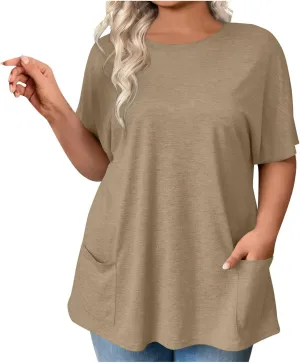 Plus Size Plain Tunic Tops for Women Summer Short Sleeve Crewneck Oversized T Shirt Fashion Comfy Casual Blouse with Pockets