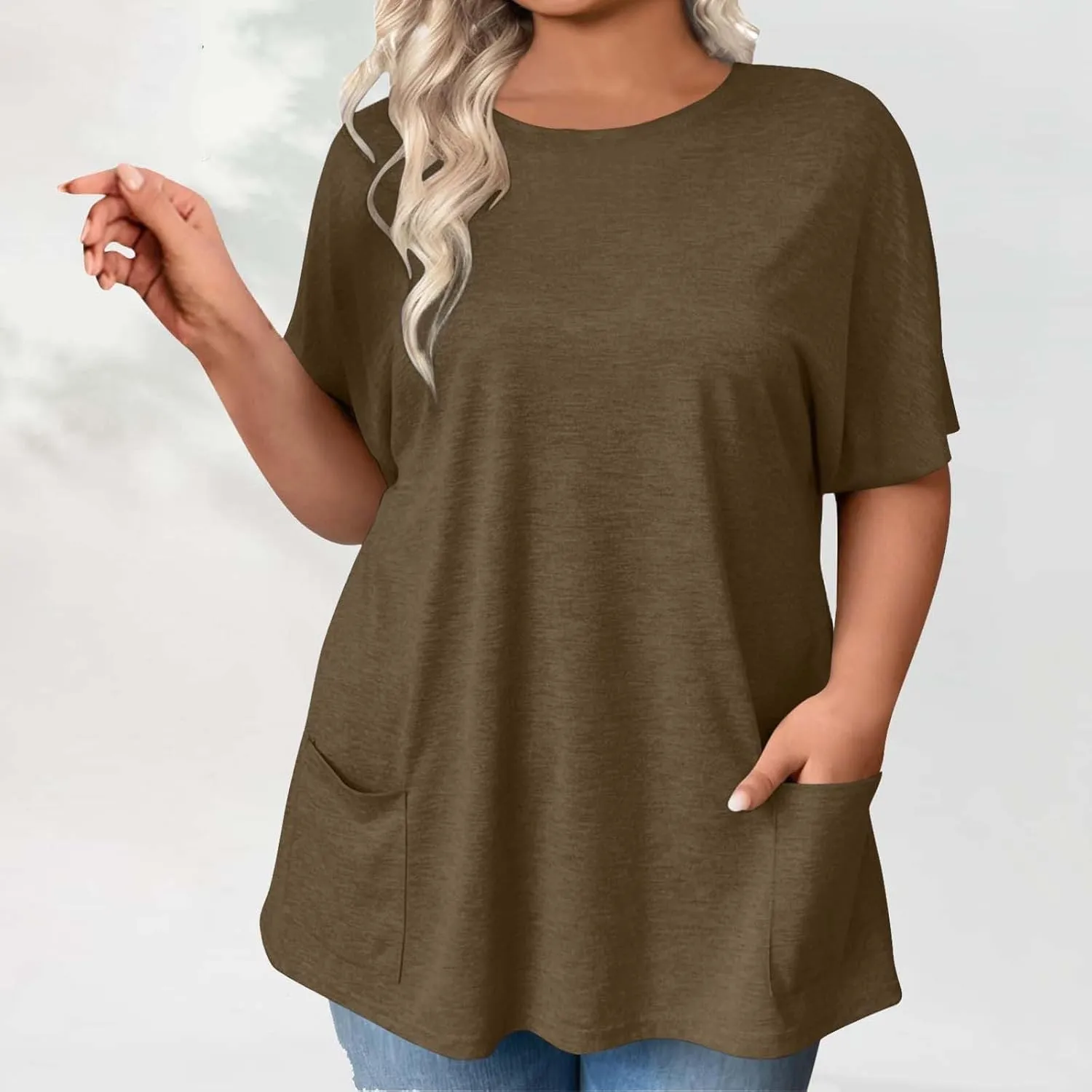 Plus Size Plain Tunic Tops for Women Summer Short Sleeve Crewneck Oversized T Shirt Fashion Comfy Casual Blouse with Pockets