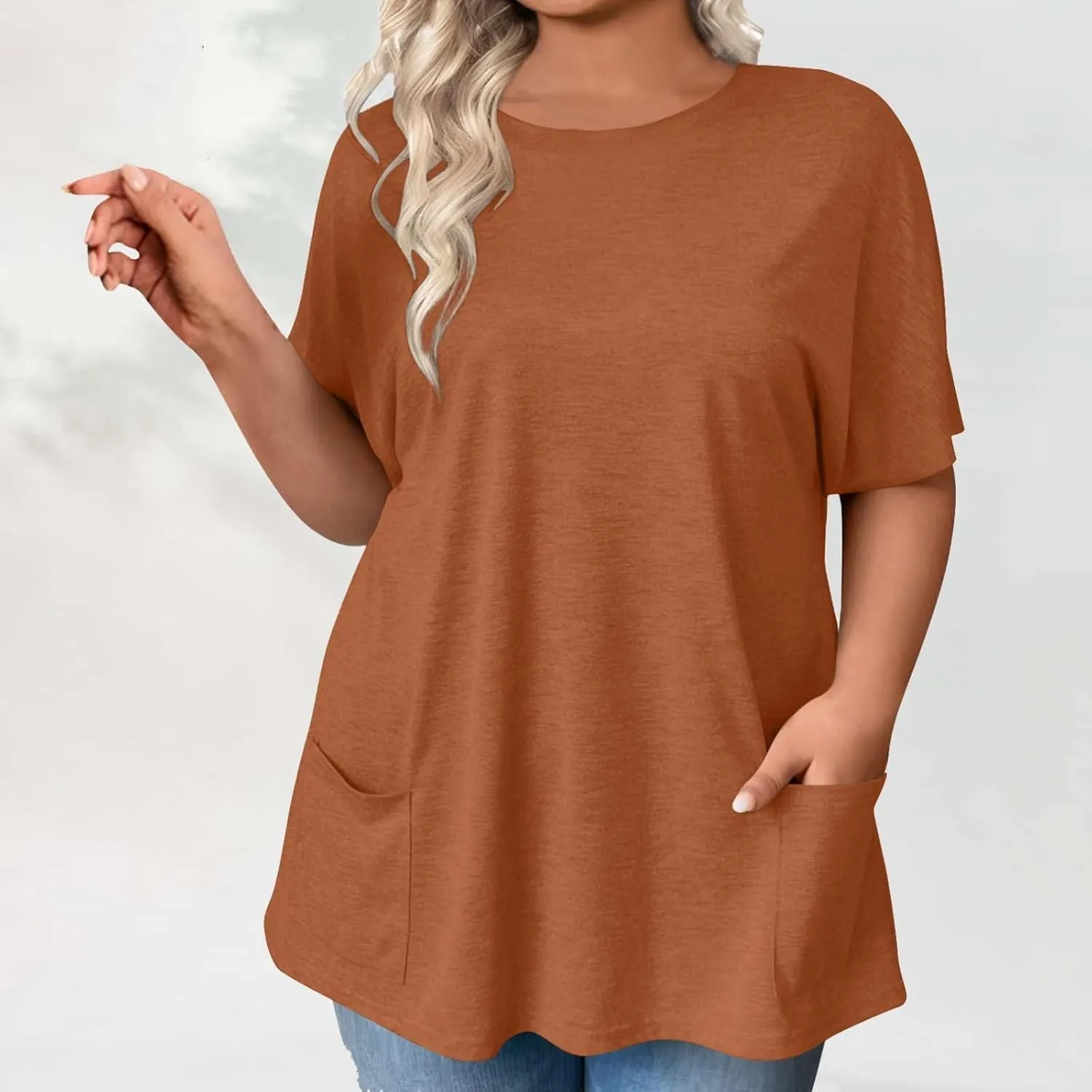 Plus Size Plain Tunic Tops for Women Summer Short Sleeve Crewneck Oversized T Shirt Fashion Comfy Casual Blouse with Pockets