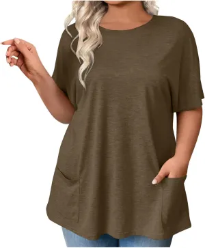 Plus Size Plain Tunic Tops for Women Summer Short Sleeve Crewneck Oversized T Shirt Fashion Comfy Casual Blouse with Pockets