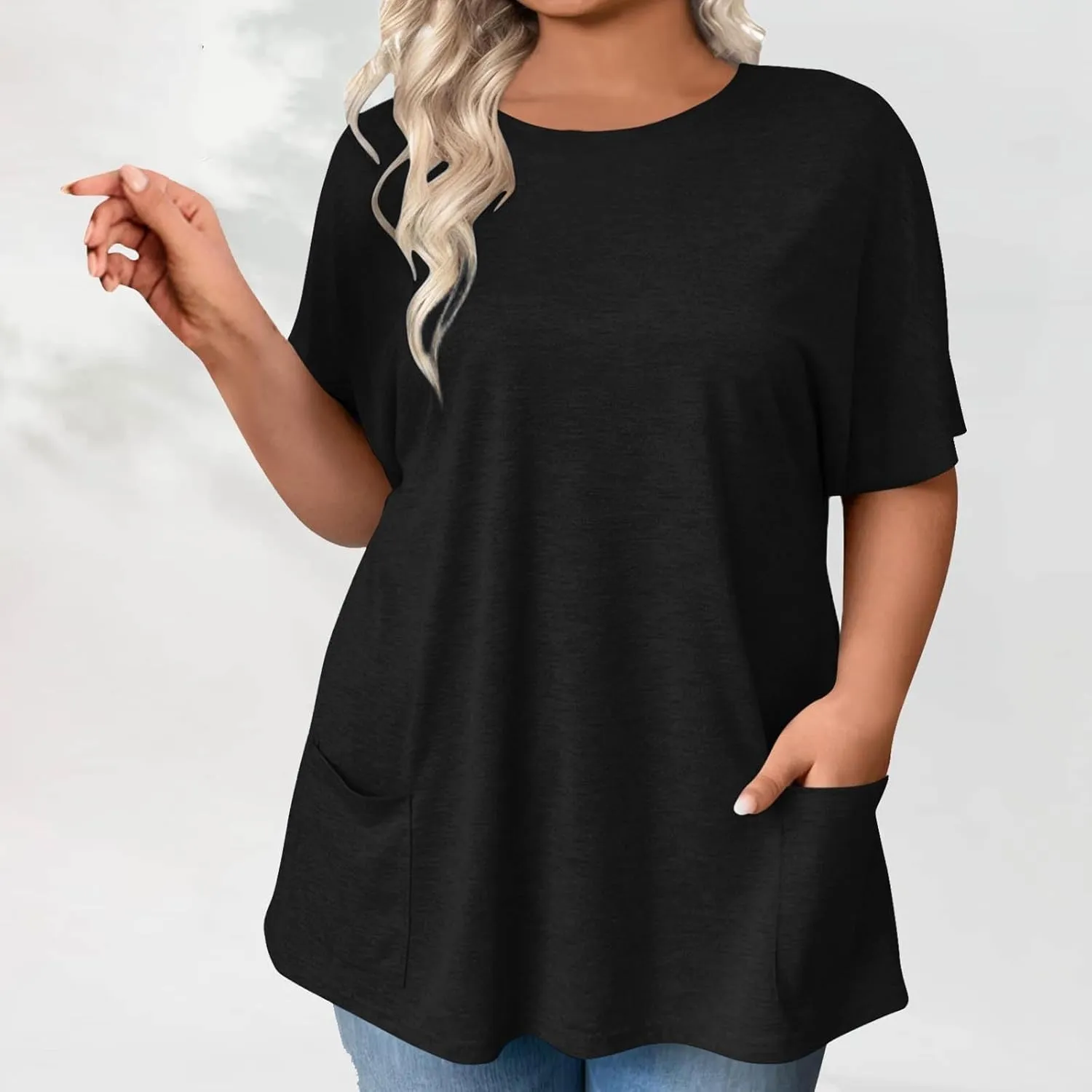 Plus Size Plain Tunic Tops for Women Summer Short Sleeve Crewneck Oversized T Shirt Fashion Comfy Casual Blouse with Pockets