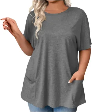 Plus Size Plain Tunic Tops for Women Summer Short Sleeve Crewneck Oversized T Shirt Fashion Comfy Casual Blouse with Pockets