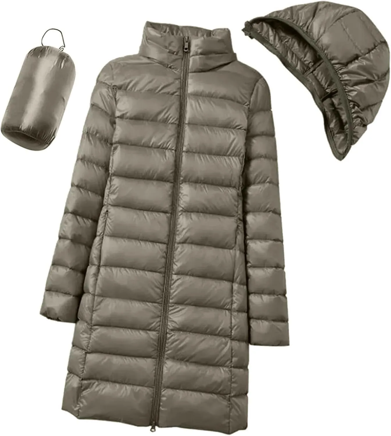 Plus Size Women Packable Down Quilted Jacket Lightweight Puffer Coat Long Warm Solid Waterproof Windproof Jackets with Hood