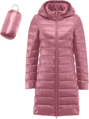 Plus Size Women Packable Down Quilted Jacket Lightweight Puffer Coat Long Warm Solid Waterproof Windproof Jackets with Hood
