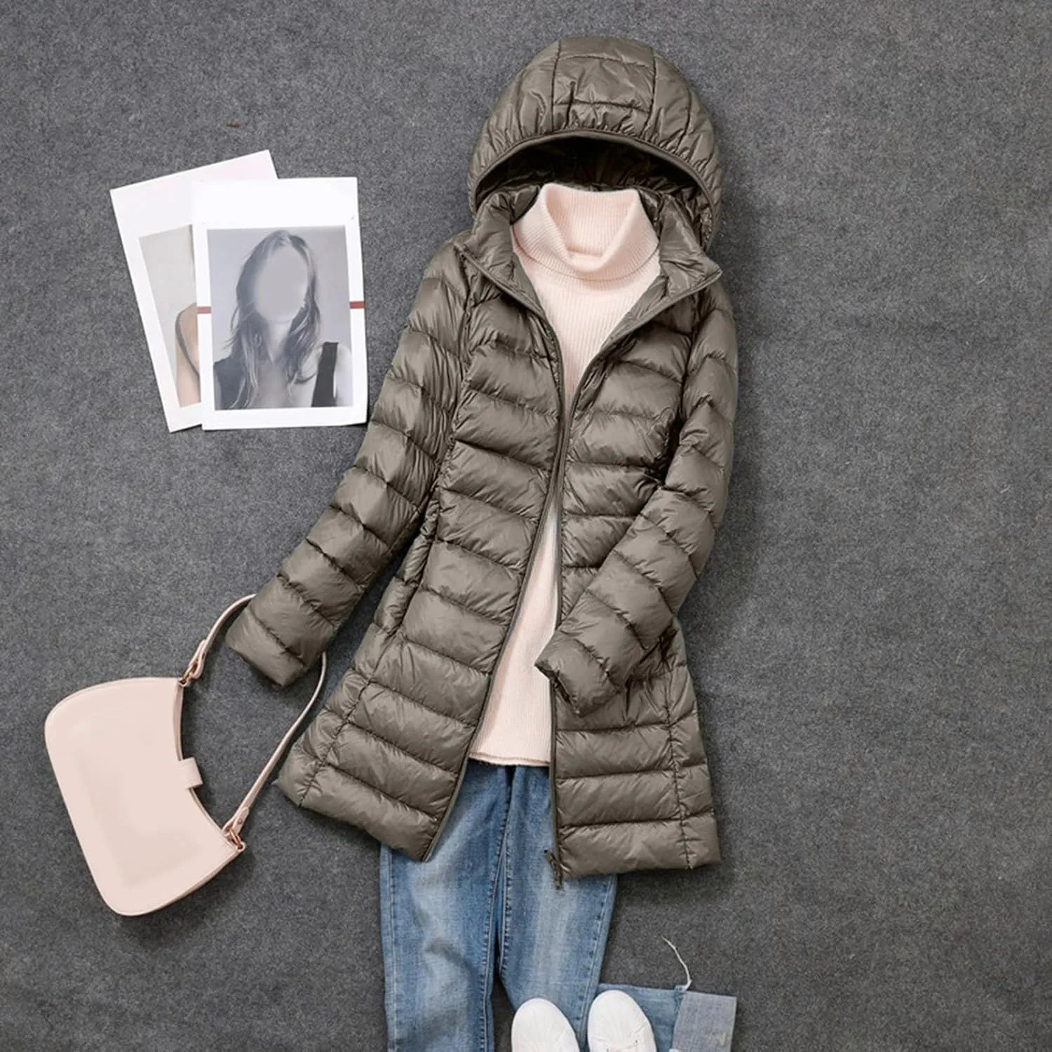 Plus Size Women Packable Down Quilted Jacket Lightweight Puffer Coat Long Warm Solid Waterproof Windproof Jackets with Hood