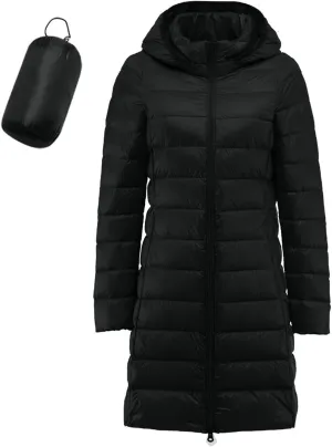Plus Size Women Packable Down Quilted Jacket Lightweight Puffer Coat Long Warm Solid Waterproof Windproof Jackets with Hood