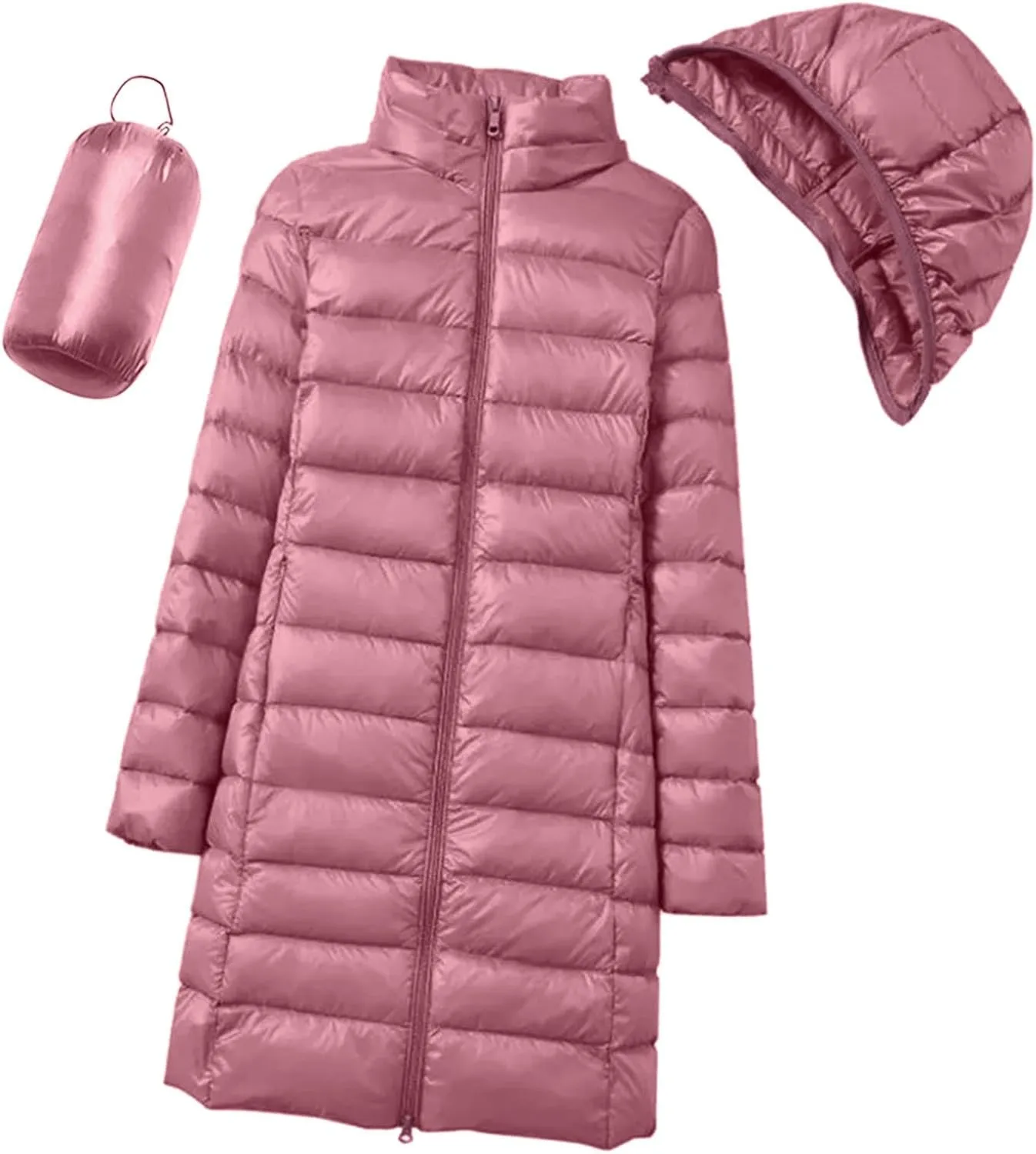 Plus Size Women Packable Down Quilted Jacket Lightweight Puffer Coat Long Warm Solid Waterproof Windproof Jackets with Hood
