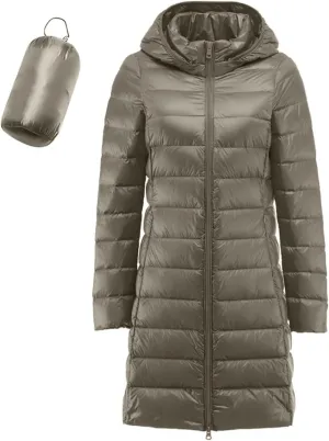 Plus Size Women Packable Down Quilted Jacket Lightweight Puffer Coat Long Warm Solid Waterproof Windproof Jackets with Hood